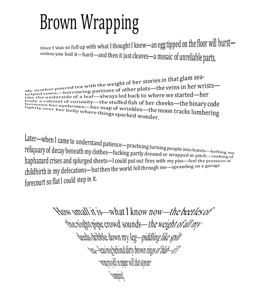 Brown Wrapping
Once I was so full up with what I thought I knew—an egg tipped on the floor will burst—unless you boil it—hard—and then it just cleaves—a mosaic of unreliable parts.
My mother poured tea with the weight of her stories in that glam sea-kelped town—borrowing portions of other plots— the veins in her wrists—like the underside of a leaf—always led back to where we started—her body a cabinet of curiosity—the stuffed fish of her cheeks—the binary code between her eyebrows—her map of wrinkles—the moon tracks lumbering lightly over her belly where things sparked wonder.
Later—when I came to understand patience—practicing turning people into hotels—hefting my reliquary of decay beneath my clothes—fucking partly dressed or wrapped in pitch—reeking of haphazard crises and splurged sheets—I could put out fires with my piss—feel the pressure of childbirth in my defecations—but then the world fell through me—sprawling on a garage forecourt so flat I could step in it.
How small it is—what I know now—the beetles of the night pipe crowd sounds— the weight of all my deeds dribble down my leg—piddling like spilt tea—leaving behind dirty brown rings of blah—if I wrap myself in paper will that stop me disappearing?
